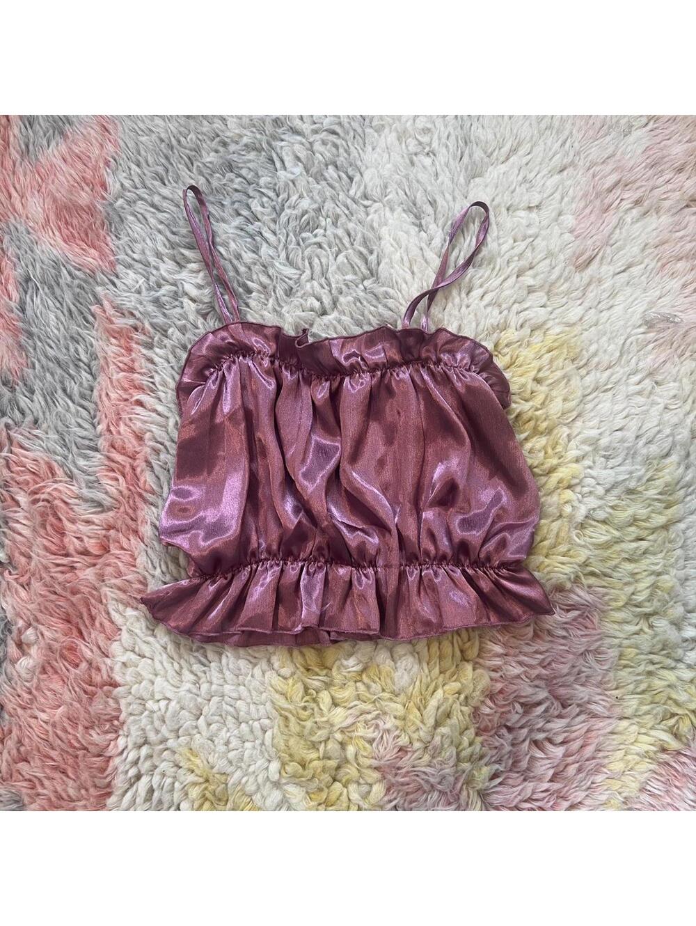 pink satin ruched cami crop top